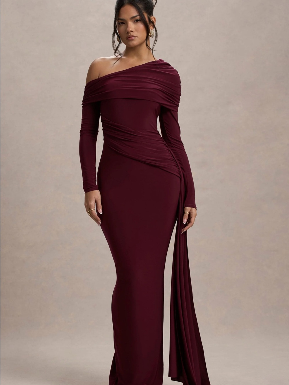 One-Shoulder Long Sleeve Evening Gown in Burgundy